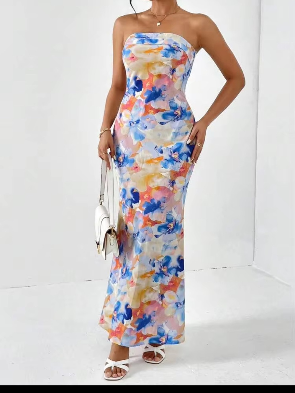 Firerie Spring Break Floral Print Draped Backless Tube Long Summer Dress